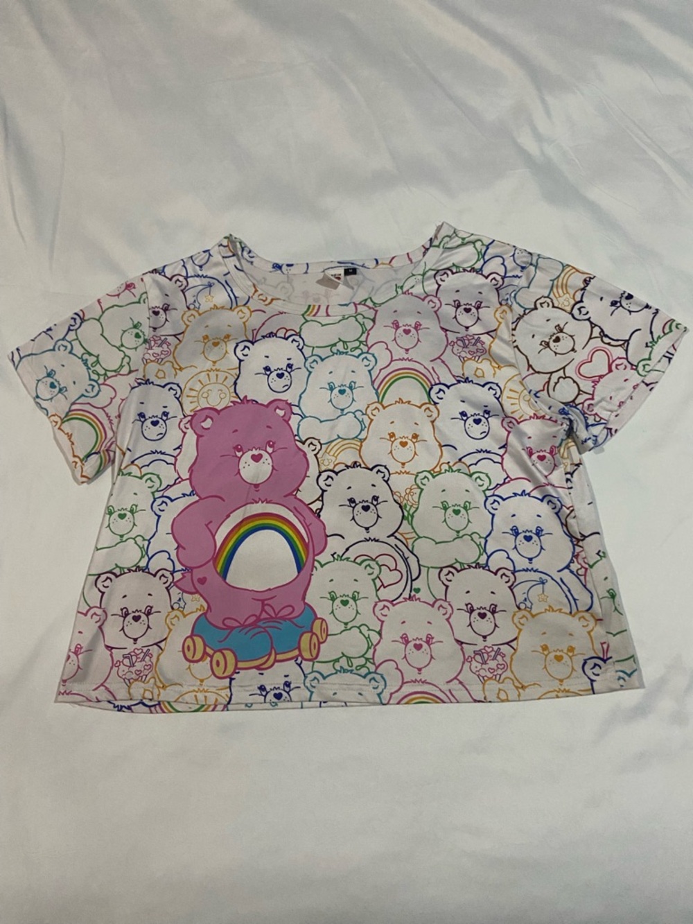 SHEIN White Tee with Multi-Color Care Bears Print
